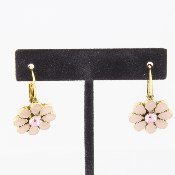 PINK & GOLD FLOWER EARRINGS W/ STONES - Picture 4 of 4